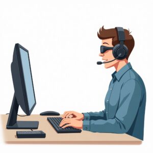 Незрячий пользователь за компьютером в наушниках